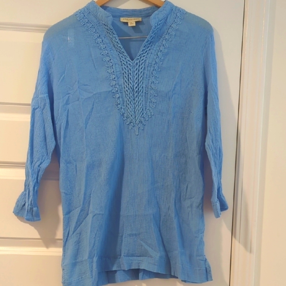Appleseed's Blue Tunic with Relaxed Fit and Mandarin Collar Like New P2P 24 L29